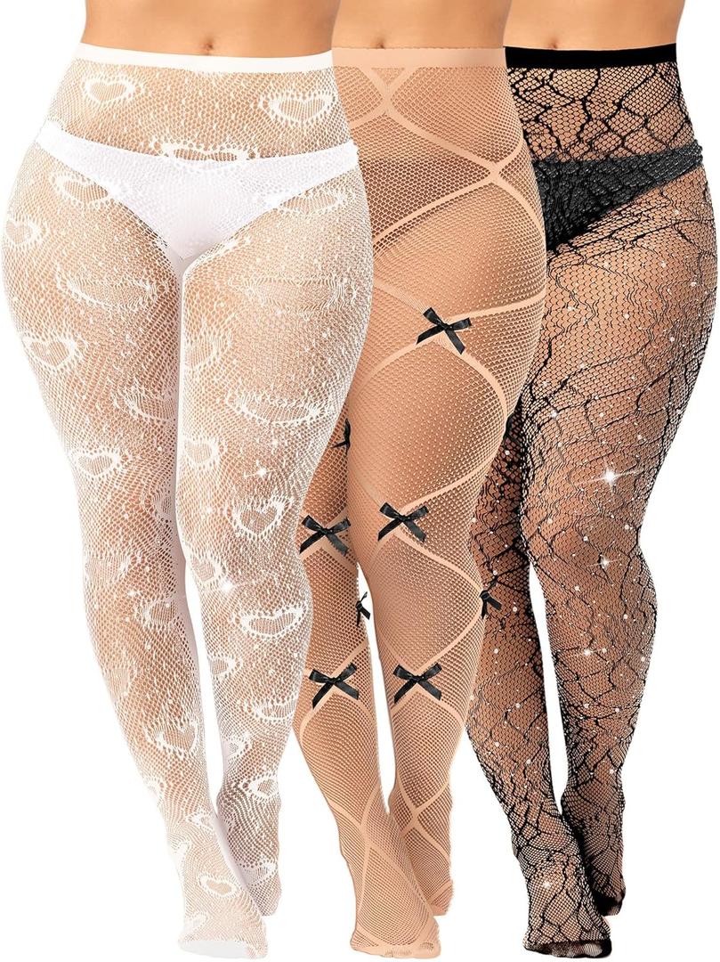 Geyoga 3 Pair Plus Size Rhinestone Fishnets Stockings Glitter Sparkly Tights High Waist Black Fishnet Pantyhose for Women (X-Large-4X-Large, Skin Color,black,white)