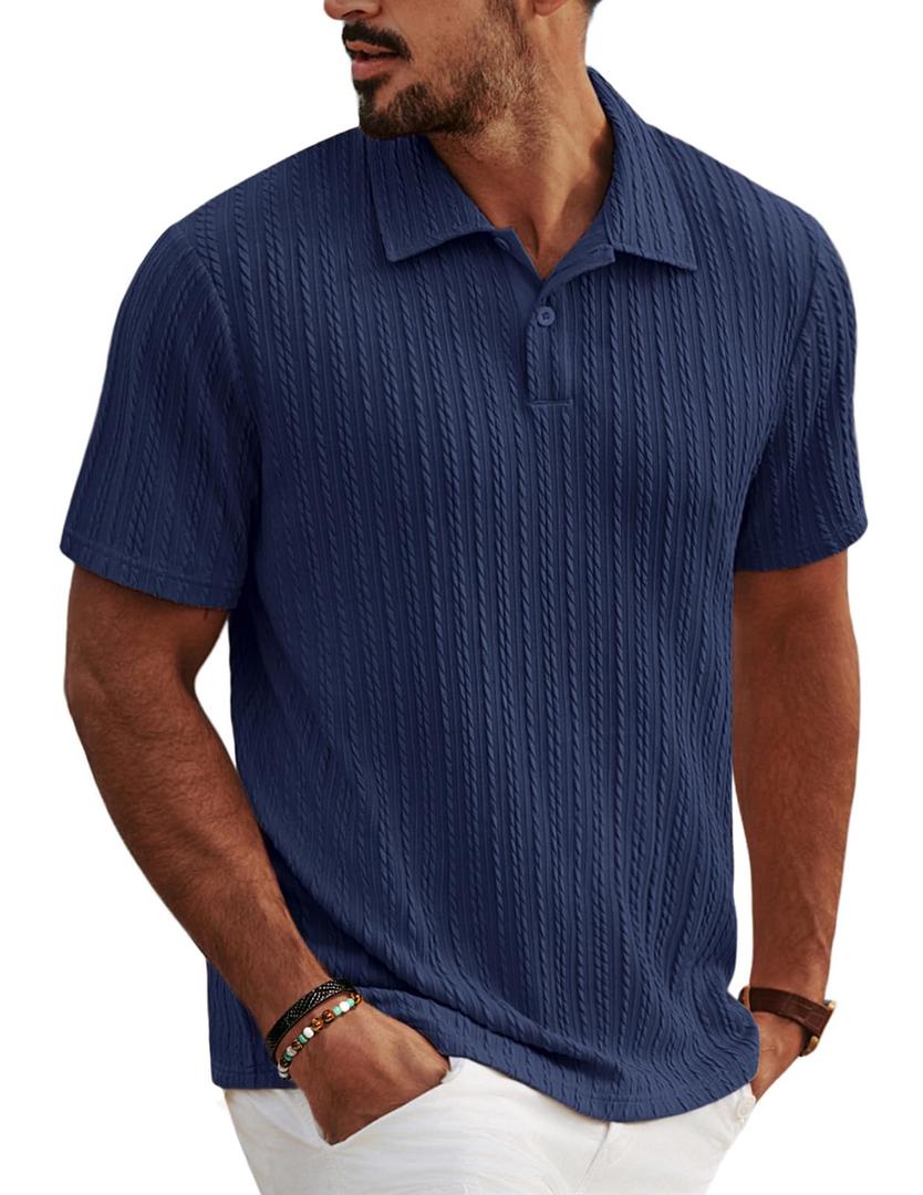 PJ PAUL JONES Polo Shirts for Men Short Sleeve Textured Knit Polo Fashion Summer Shirts Old Money Clothes Navy Blue (M)