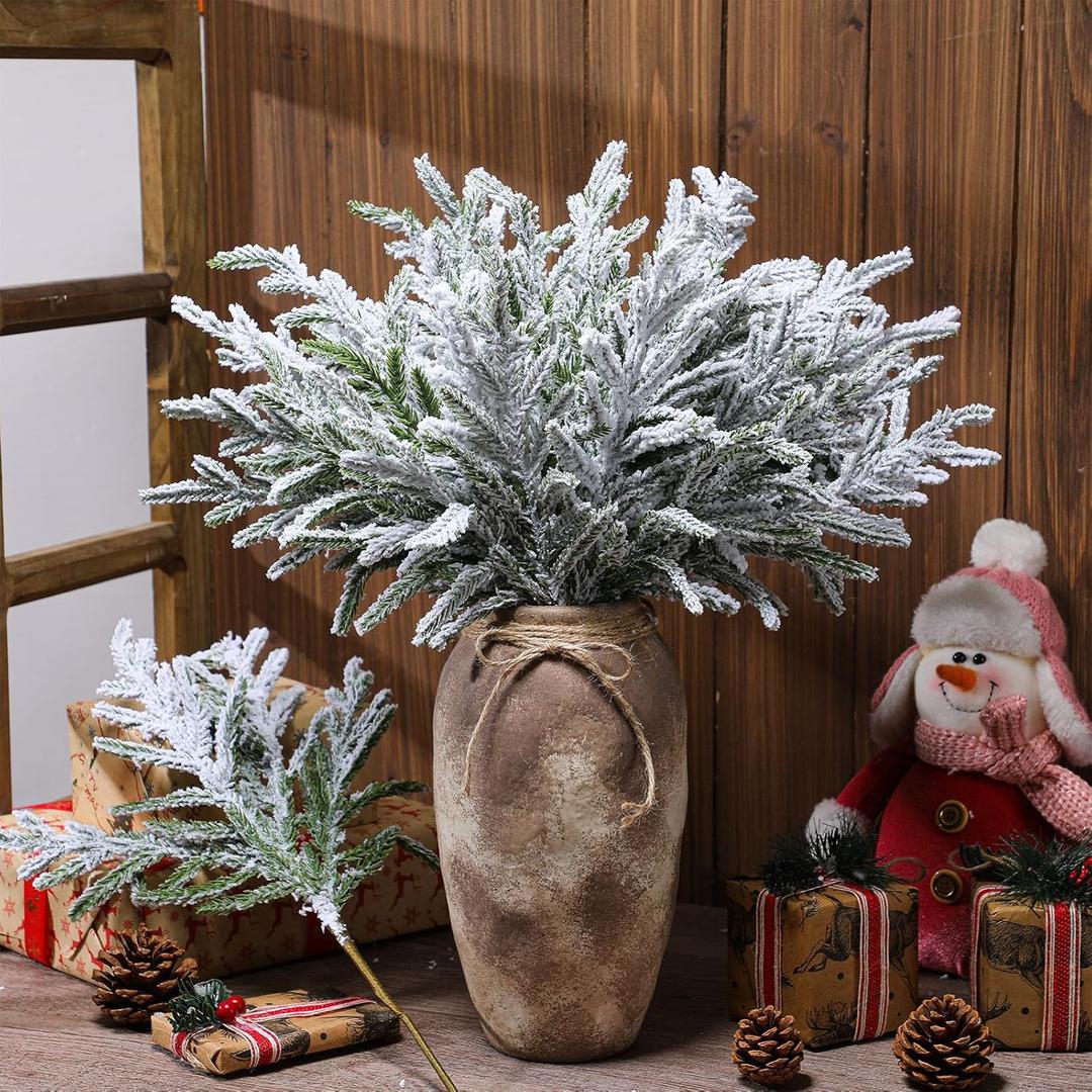 12 Pcs Christmas Snowy Norfolk Pine Branches 18 Inch Snow Flocked Artificial Norfolk Pine Stems Christmas Tree Picks and Sprays Vase Filler Winter Fake Greenery Xmas Tree Pick for Home Wreath
