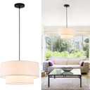 18" Drum Pendant Light Fixture, 3 Light Drum Chandelier with Wihte Fabric Lampshade, 2 Tier Dining Room Light Fixtures over Table, Ceiling Drum Chandeliers for Dining Room, Bedroom and Living Room, White 