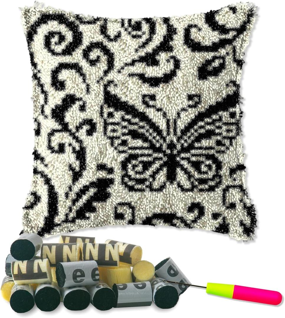 DL-YTG Latch Hook Kits Pillow Black Butterfly Crochet Yarn Cushion Colour Printed Canvas Rug Needlework DIY Pillowcase Hook and Latch Kit Christmas Home Crafts Sofa Decoration 42x42cm/16X16inch