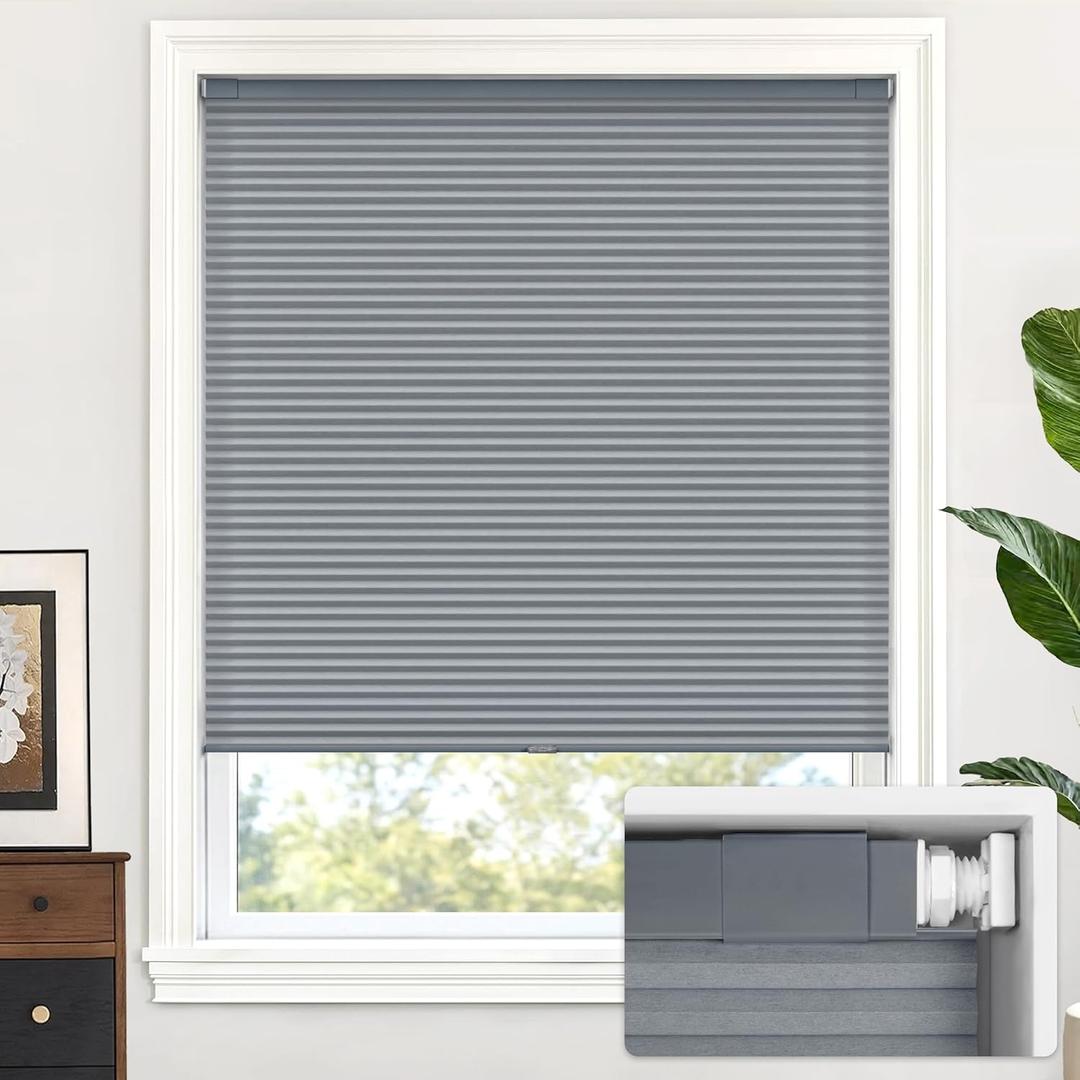 LazBlinds Cordless Cellular Shades, No Tools No Drill Light Filtering Honeycomb Shades Pleated Blinds for Windows, 24'' W x 64'' H, Dark Grey