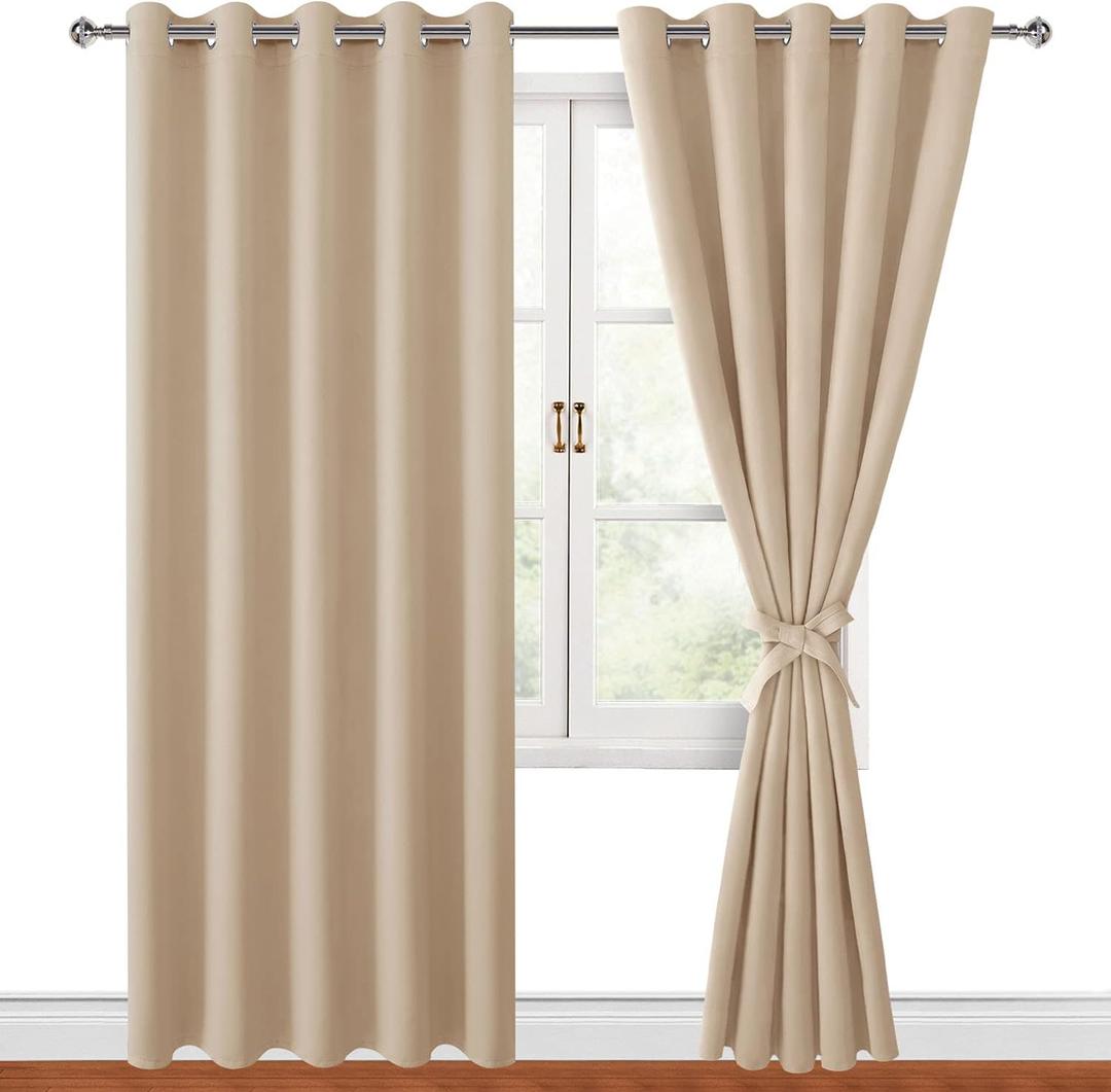Hiasan Blackout Curtains for Bedroom, 60 x 84 Inches Long - Thermal Insulated & Energy Saving Window Curtains for Living Room, 2 Drape Panels Sewn with Tiebacks, Beige