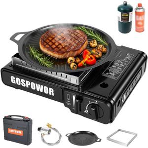 Propane or Butane Stove with Windblocker, Dual Fuel 10,000 BTU Portable Gas stove for Camping, Automatic Ignition Gas Stove with Adapter Hose Carrying Case & Griddle for Hiking (Fuel Not Included)