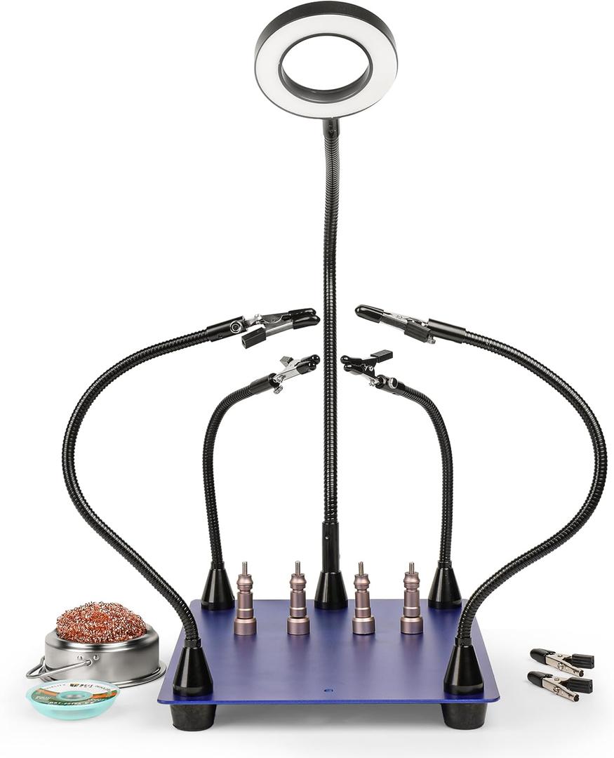 Soldering Station - Helping Hands with 5X Magnifying Lamp and LED Light - Solder Wick and Brass Cleaner Accessories - Third Hand Kit for Electronics Repair - DIY Project Holder and Lamp Kit