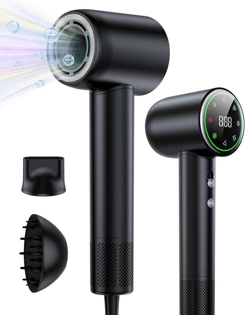 Hair Dryer,160000 RPM High Speed Blow Dryer with 200 Million Negative Ionic, Low Noise Thermo-Control Professional Hair Dryer with Diffuser and Nozzle,Portable Hair Blow Dryer for Home Travel (Black)