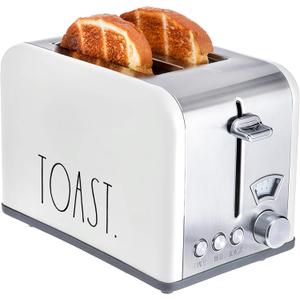 Rae Dunn Toaster, Stainless Steel 2 Slice Square Toaster, Wide Slot with 5 Browning Levels, with Bagel, Defrost and Cancel Options (White)