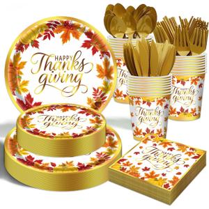 Thanksgiving Fall Party Supplies - 175 PCS Thanksgiving Paper Plates and Napkins Sets Fall Pumpkins Disposable Dinnerware Set for Autumn Harvest Party Supplies Decorations, Serve 25 Guests