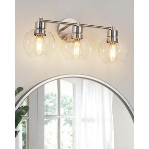 WILON Brushed Nickel Vanity Lights for Bathroom, 3 Light Bathroom Vanity Light with Globe Clear Glass Shades, Silver Bathroom Lighting Fixtures Over Mirror, Modern Bathroom Sconces Wall Lamp