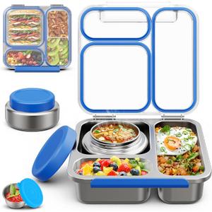 Stainless Steel Bento Box Kids Adult with 7oz Soup Thermo, Transparent Lid 3 Compartments Metal Bento Lunch Box with Insulated Food Jar,Lunch Box Container Sauce Cup for School,BPA-Free(Blue)