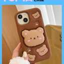Kawaii 3D Teddy Bear Phone Case for iPhone 16 Pro (with Retractable Phone Stand & Grip) Cute Girly Cartoon Soft Silicone Phone Cover for Girls, Kids, Teens, and Women, Brown