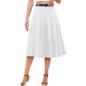 Girls Womens High Waist Pleated Long Skirt with Pockets (White, S)