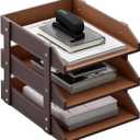 Leather Desk Organizer, Thipoten 3-Tier Stackable Letter Tray Holder for Office Supplies, Paper, File, Magazine, Perfect Office Organization for Desktop (Brown-3Tiers)