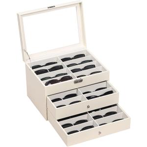 AUTOARK Leather Clear Lid 24 Piece Eyeglasses Storage and Sunglass Glasses Display Drawer Lockable Case Organizer,Beige,MKAW047