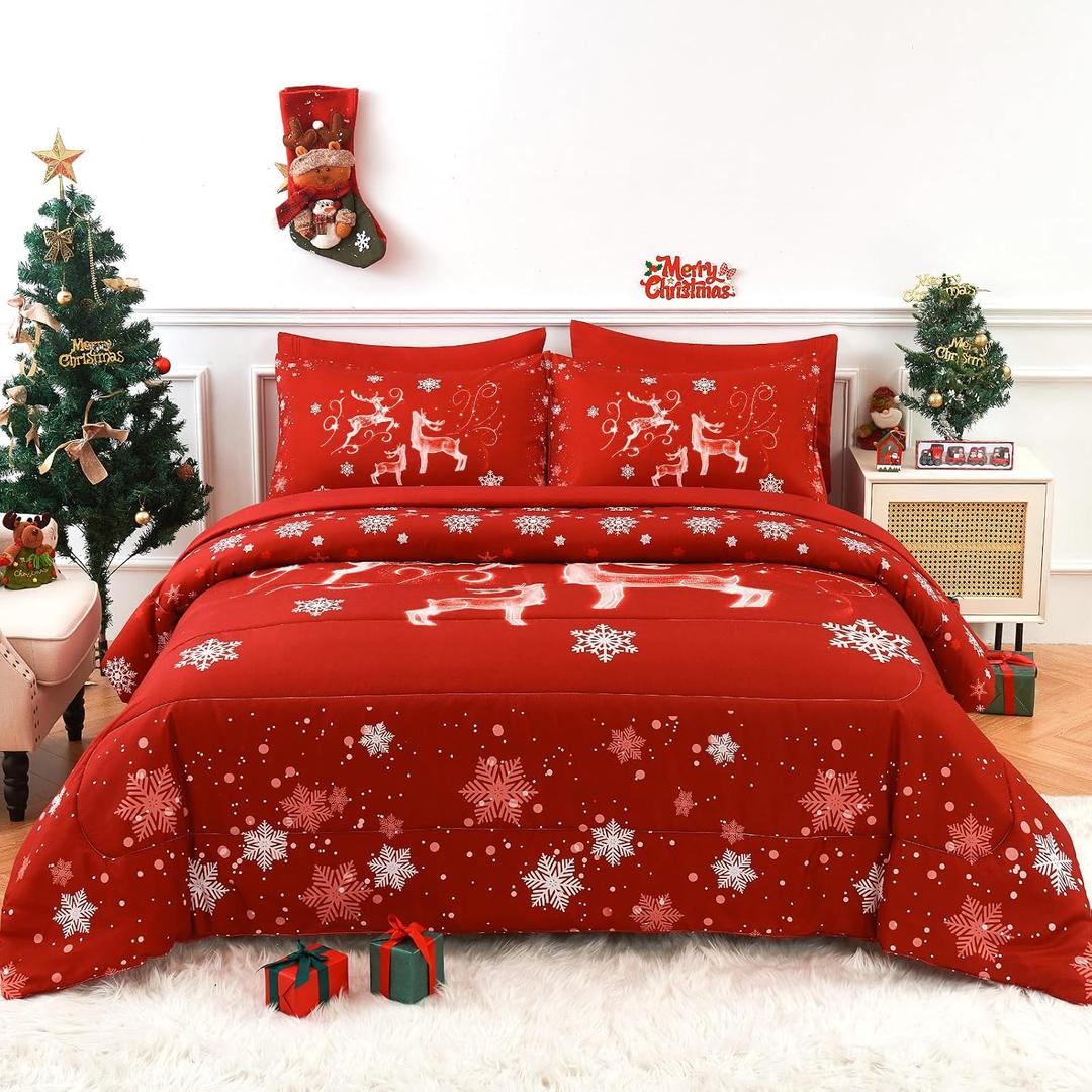 YIYEA Christmas Comforter Set, 7 Pieces Bed in a Bag, Christmas Bedding Sets with Comforter, Flat Sheet, Fitted Sheet, 2 Embroidered Pillowcases, and 2 Printed Pillowcases, King