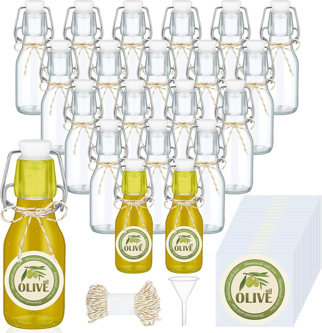 Queekay 20 Pack Mini Swing Top Glass Bottles for Vanilla Extract Homemade Olive Oil Bottles with Lids Airtight Cap Lids Labels for Wedding Baby Shower Favors(4oz)
