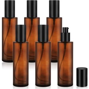 6 Pcs 100ml/3.4oz Amber Glass Pump Bottles Refillable Lotion Dispenser Cosmetic Sample Storage Container Vial with Black Pump Head for Liquid Foundation Soap Shower Gel Shampoo Toiletries