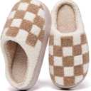 Checkered Girls House Slippers,Comfort,Wool-Like Plush Fleece Lined,in Winter Keep Warm,Slip-On for indoor (12-13 Little Kid, Beige)
