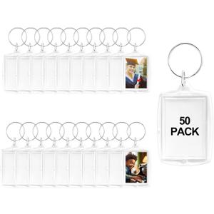BRT Bearingshui 50pcs Pendant Picture Frame Keyrings, Clear Acrylic Photo Frame Keyring Holder, Make Your Own Personalized Keyring Kit, Rectangle Blank Photo Insert Keychain for DIY Craft