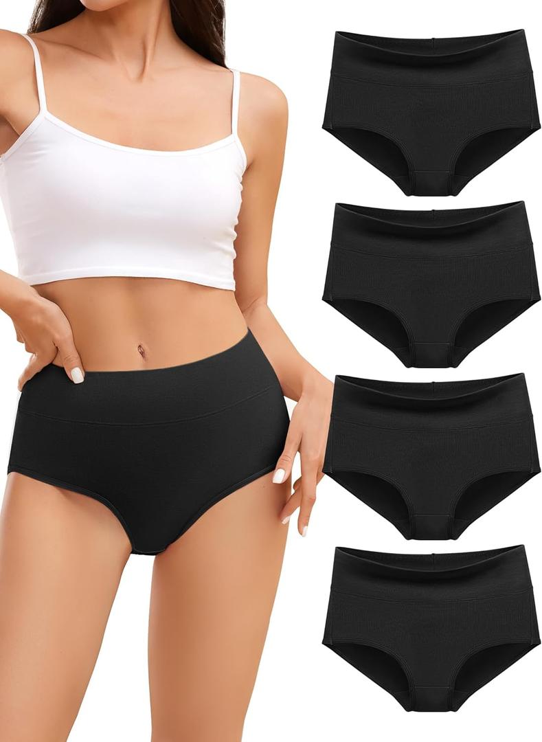 voenxe Cotton Underwear for Women,High Waisted Ladies Panties,Breathable Soft Full Coverage Briefs,Comfy Underpants,4 Pack (Small, Black)