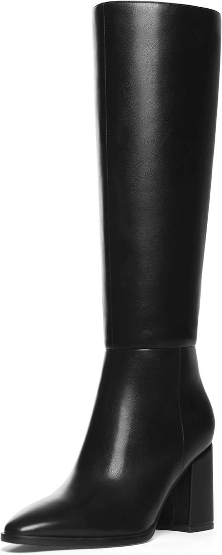 Women's Knee High Boots Pointed Toe Chunky Block Heel Platform Boots Comfort Dress Long Boots (Black), Size 7