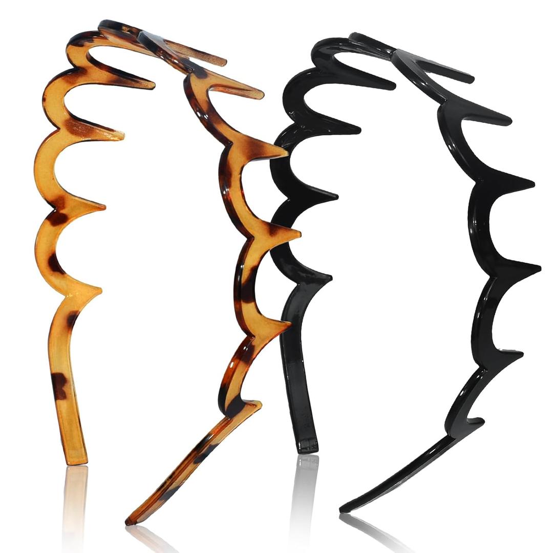 2026 Zigzag Headbands for Women, 2-Pack U-Shaped Hair Comb Headbands, Non-Slip Slick-Back Hair Accessories, Black & Tortoise Recycled Plastic, Teeth Hairband for Everyday Styling & Workout