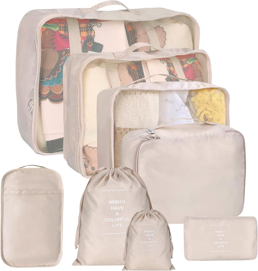 8 Set Packing Cubes for Suitcases, kingdalux Travel Luggage Packing Organizers with Laundry Bag, Compression Storage Shoe Bag, Clothing Underwear Bag, for Man & Women (8Set, Beige)