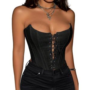 LovelyWholesale Women Strapless Lace Up Corset Tops Party Club Sexy Overbust Bustier Top Black Small