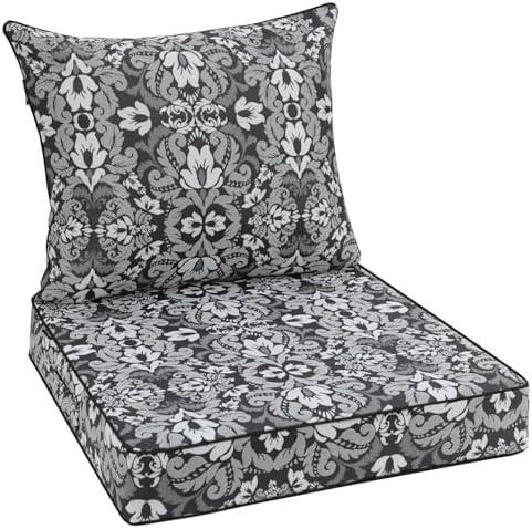 Favoyard Outdoor Seat Cushion 22 x 22 x 3 in Waterproof Pattern Fade Resistant Cover Removable Patio Furniture Cushions Deep Seat & Back Cushion Set with Adjustable Straps for Patio Chair Sofa Couch