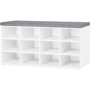 DINZI LVJ Shoe Storage Bench with Cushion, Cubby Shoe Rack with 12 Cubbies, Adjustable Shelves, Multifunctional Shoe Organizer Bench for Entryway, Mudroom, Hallway, Closet and Garage, White