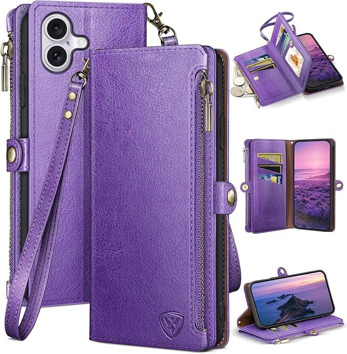 XcaseBar Compatible with iPhone 17 6.3" Wallet case with Zipper Credit Card Holder【RFID Blocking】,Flip Folio Book PU Leather Phone case Shockproof Cover Women Men for Apple 17 case Purple