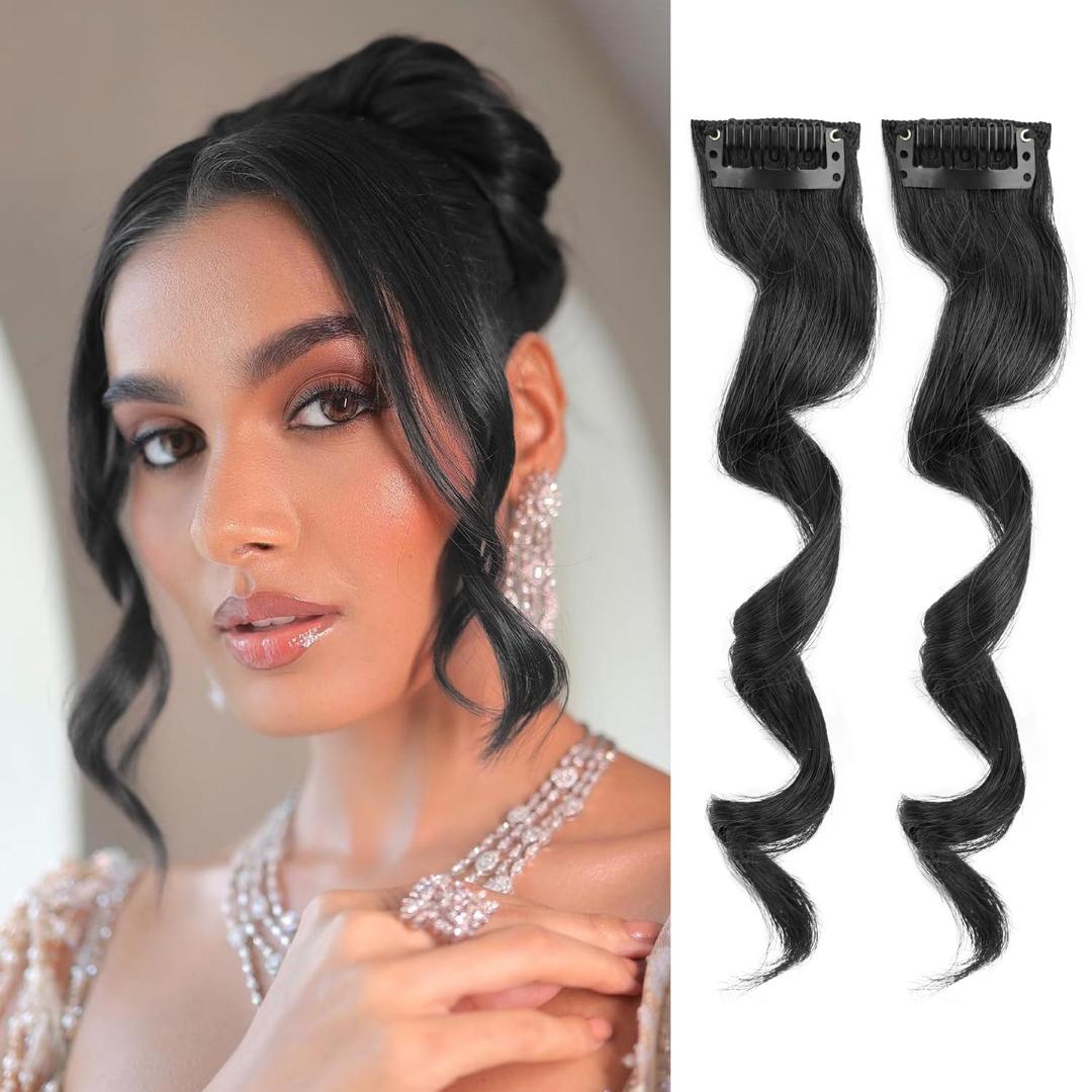 Long Black Side Bangs 2Pcs Set Wavy Curly Clip on Bangs for Women Wavy Curly Clip in Curtain Bangs for Daisy Use