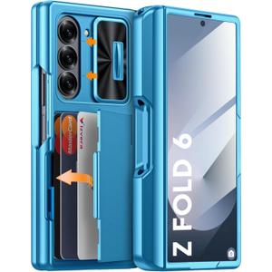 Vizvera for Samsung Galaxy Z Fold 6 Case RFID Wallet with Cards Holder [S Pen Holder] [Camera Cover] Shockproof Silicone Protective Phone Case for Z Fold 6 2024-Lake Blue