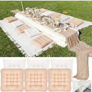 Extra Large Outdoor Picnic Blanket with Table Runner and Floor Pillow Cushion for Picnic Wedding Birthday Baby Shower Backyard Decor (91 x 71'',Brownish Beige,Light Camel, Light Beige,8 Pcs)