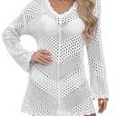 Women Swimsuit Summer Long Sleeve Crochet Knit Bathing Suit Beach Cover Up Hollow Out Sexy See Through Dress (Medium)