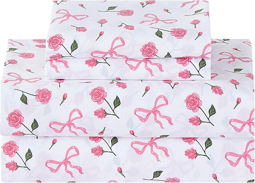 Softan Pink Floral Queen Bed Sheets, Cozy Microfiber Flower Printed Sheets with 15" Deep Pocket Fitted Sheet & Non-Slip Straps, Patterned Pink Rose - Bow Sheets & Pillowcase Set