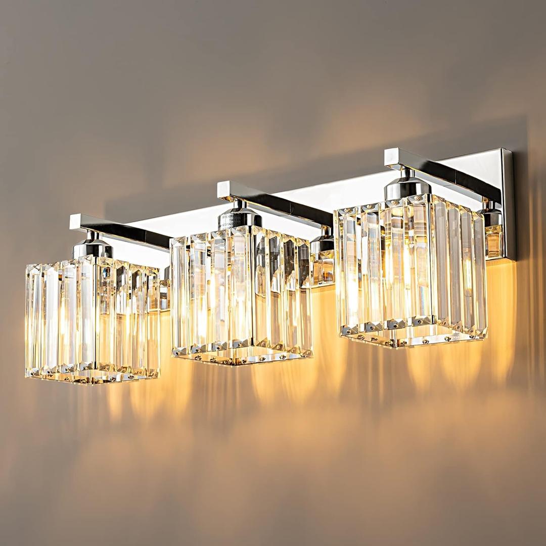 Modern 3-Light Chrome Crystal Bathroom Vanity Wall Light