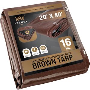ATERET 20' x 40' Super Heavy Duty 16 Mil Brown Poly Tarp Cover - UV Resistant, Thick Waterproof, Rip and Tear Proof Tarpaulin with Grommets and Reinforced Edges