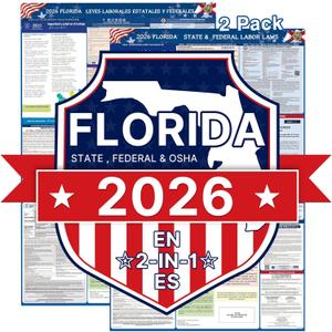 PUNCHMAN 2pcs 2026 Florida State & Federal Workplace Labor Poster - Bilingual English/Spanish 2 Version Guidelines Posting for Workplace, Durable Laminated, Includes 2026 Minimum Wage Info