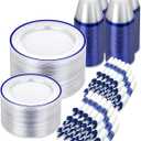 700PCS Clear Blue Disposable Plastic Dinnerware Set for 100 Guests, 200 Plastic Plates, 100 Cups, 100 Pre-Rolled Napkins with Cutlery for Party, Birthday, Christmas, Wedding, Thanksgiving, Halloween