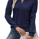 Women Tops Blouse Causal Shirts Puff Long Sleeve Tunic V Neck (Large)