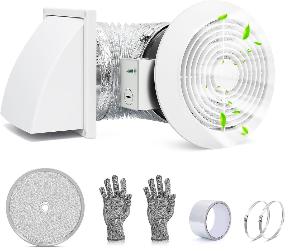 512M 6 Inch Through-the-Wall Exhaust Fan with White Grille, 80 CFM, 4.0 Sone, 16-Inch Retractable Duct, Household Ventilation Fan for Attic, Garage, Kitchen and Bathroom Exhaust Fan, Bathroom Vent Fan, 10 inches x 8 inches x 8 inches
