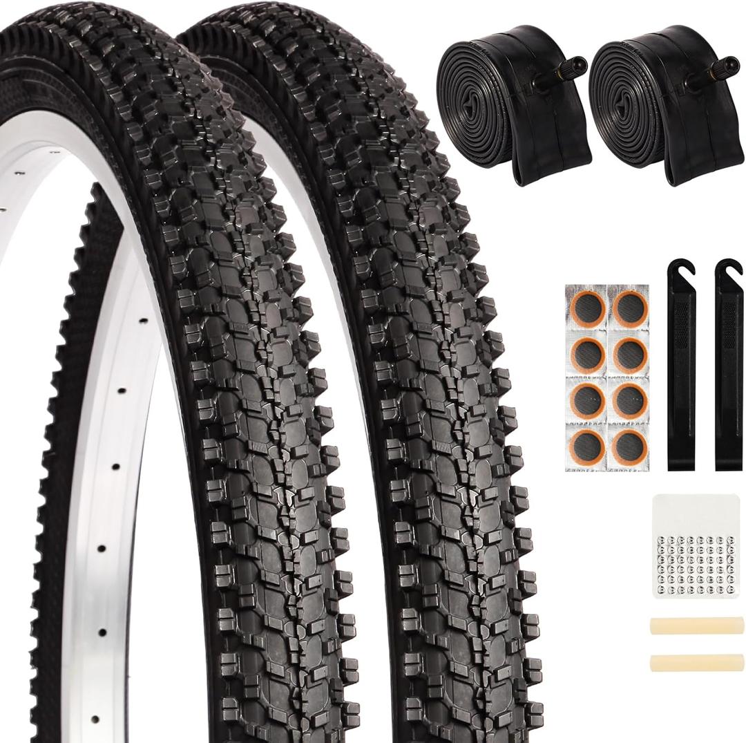 2 Pack 24" x 1.95" Mountain Bike Tire Set, 24 inch Folding Replacement Puncture-Resistant Bicycle Tires with 24 x 1.75-2.125 inch Bike Tubes and Repair Tool Kit for Mountain Bike, Off-Road Bike