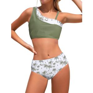 JiAmy Swimsuit for Girls 3 Piece Tropical Print Swimwear with Cover Up Skirt Adjustable Spaghetti Strap Bikini 9-16 Y Green