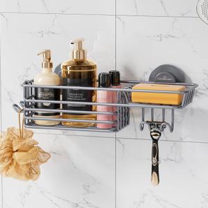 LEVERLOC Shower Caddy Suction Cup, Heavy Duty Bathroom Organizer for Inside Shower with Hooks & Soap Holder NO-Drilling Bathroom Shower Holder-Grey