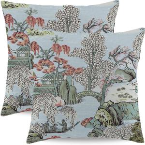 Chinoiserie Pillow Cover 24x24 Inch Set of 2 Asian Scenic Coral Green Blue Throw Pillows Farmhouse Chinoiserie Decorative Pillowcase Linen Cushion Cover for Home Sofa Bedroom Outdoor, 24" x 24" (Pack of 2), Coral