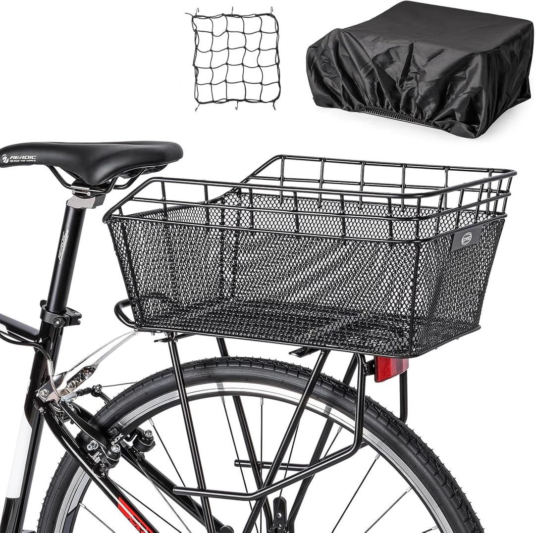 Rear Bike Basket - Large Bicycle Rear Basket with Cargo Net and Waterproof Cover, Wire Bike Baskets Rear Large Capacity (NO Bike Rack Include)