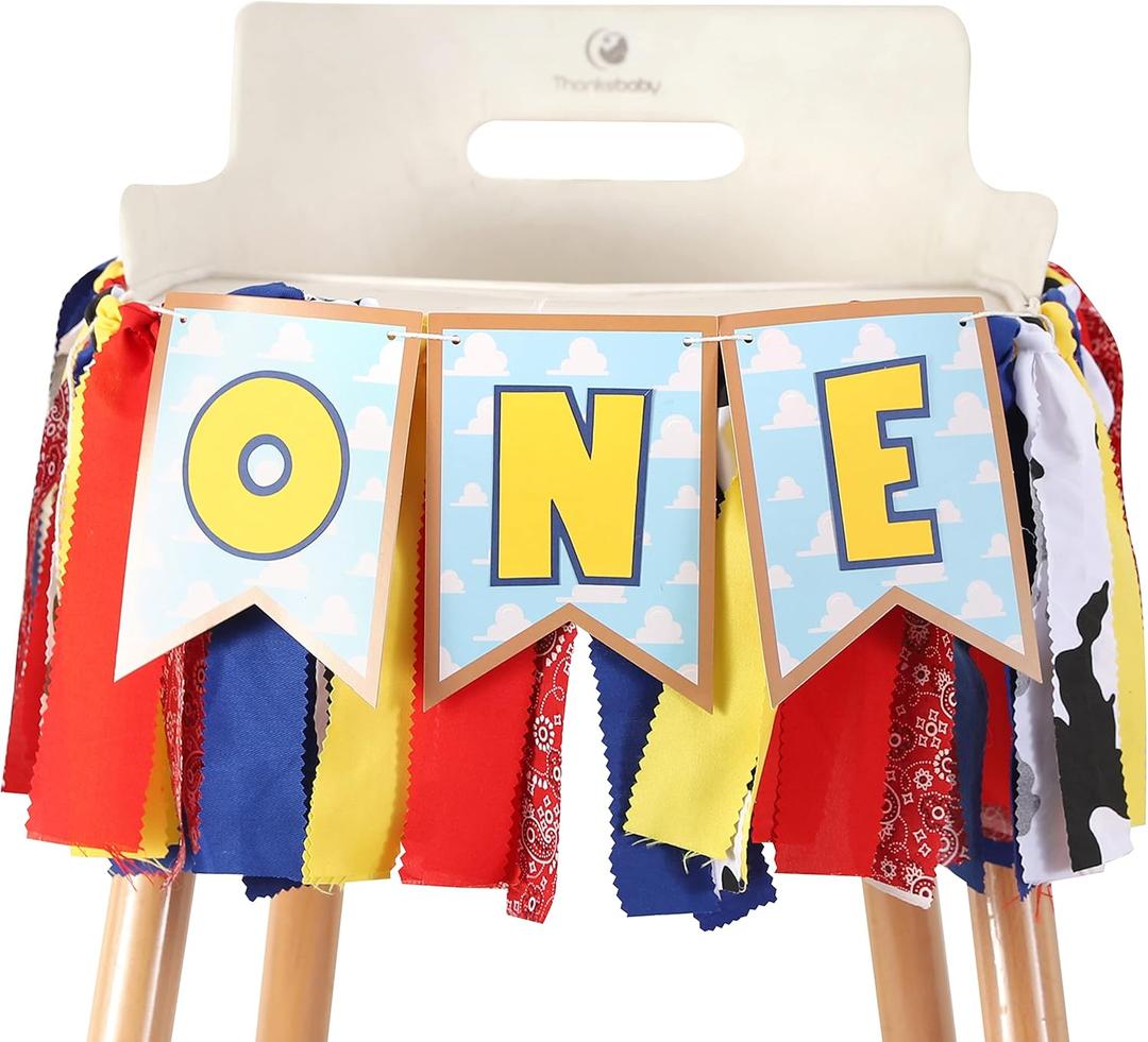 Toy Theme 1st Birthday Banner - Toy Inspiration Story's 1st Birthday High Chair Banner,Western Party Decorations, West Cowboy,High Chair,Baby Boy Photo Booth Props,Fabric Garland