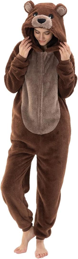 Snug Fit Unisex Adult Onesie Pajamas, Flannel Cosplay Animal One Piece Halloween Costume Sleepwear Homewear (Small, Borwn Bear)
