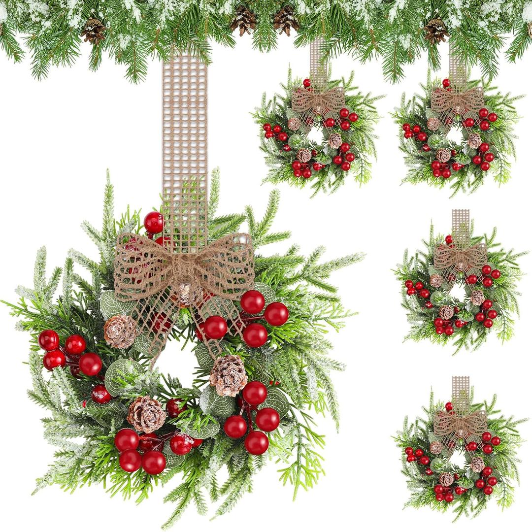 Dingion 4 Pcs Small Christmas Wreaths for Cabinet Kitchen Decor Mini Artificial Wreath 9 Inch Faux Garland with Burlap Ribbon for Vintage Retro Home Table Candle Porch Window Indoor Outdoor Decor
